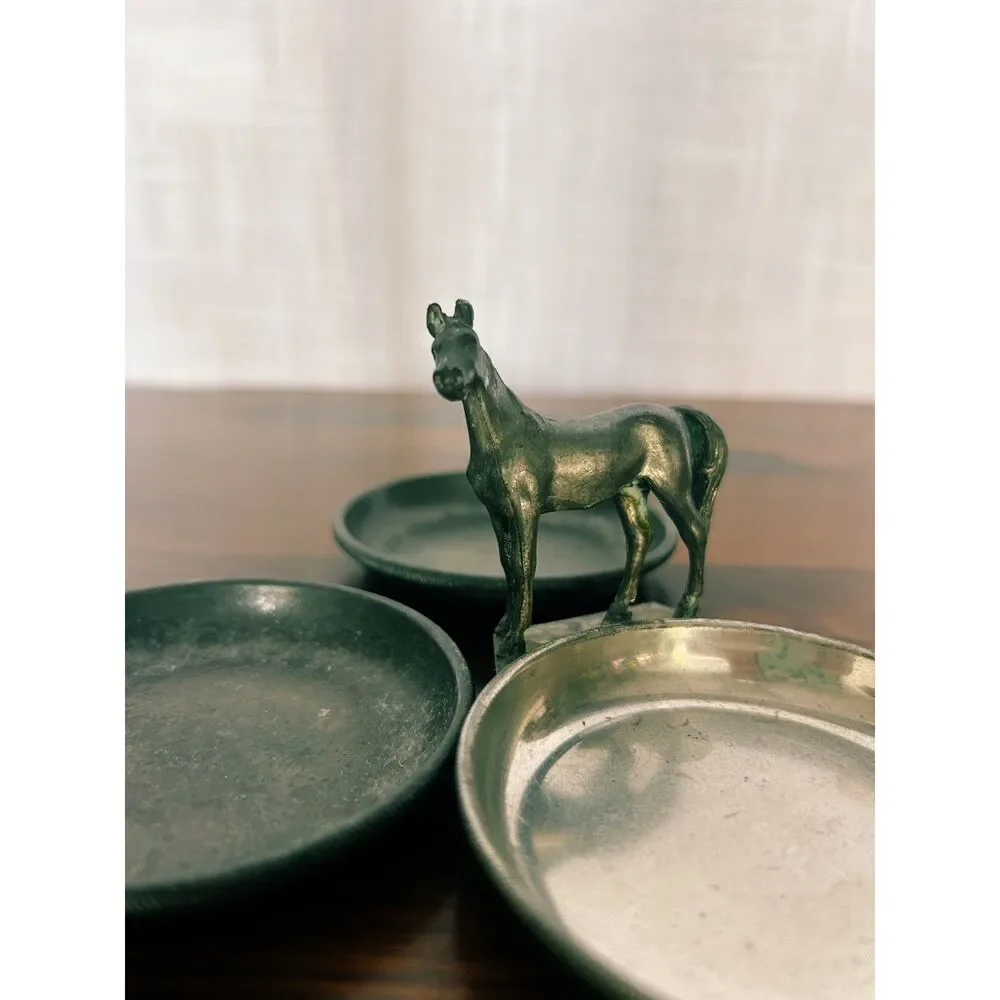 Vintage Genuine Pewter Equestrian Horse 3-Piece Coaster Stack Set